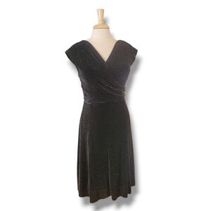 Jones New York Black Metallic Cross Over Sparkling Party Midi Dress. Size 10